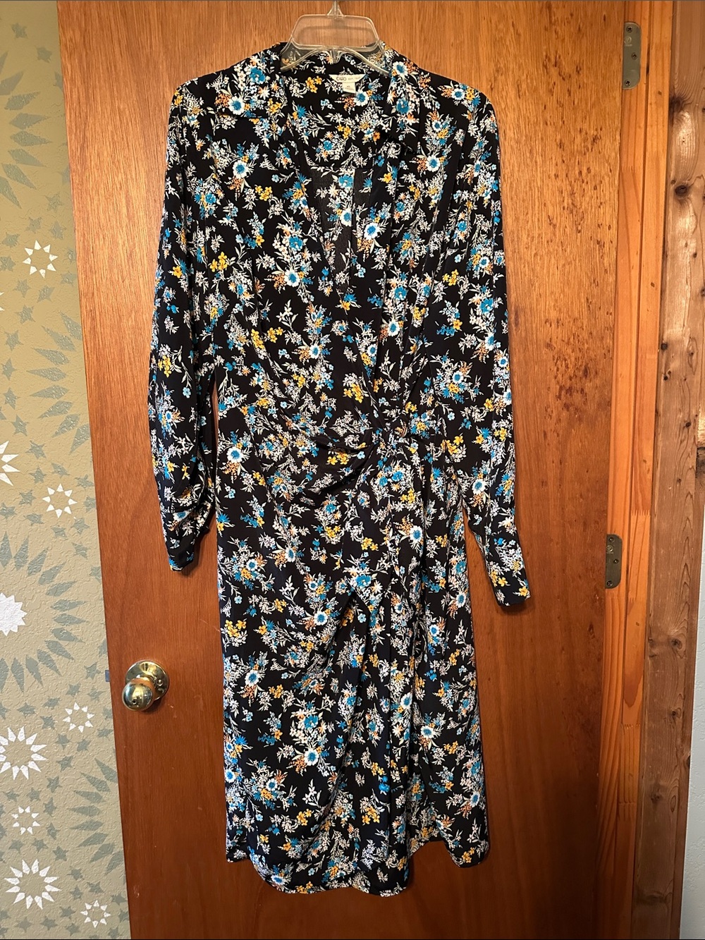 Cato Black Floral Wrap Midi Dress with Blue & Yellow Flowers